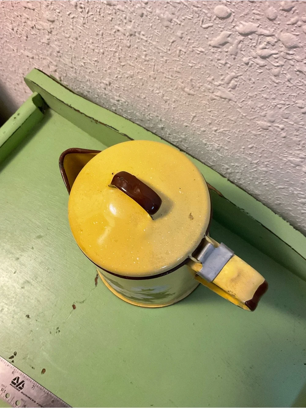 Antique Yellow White Enamelware Coffee Pot Flowers